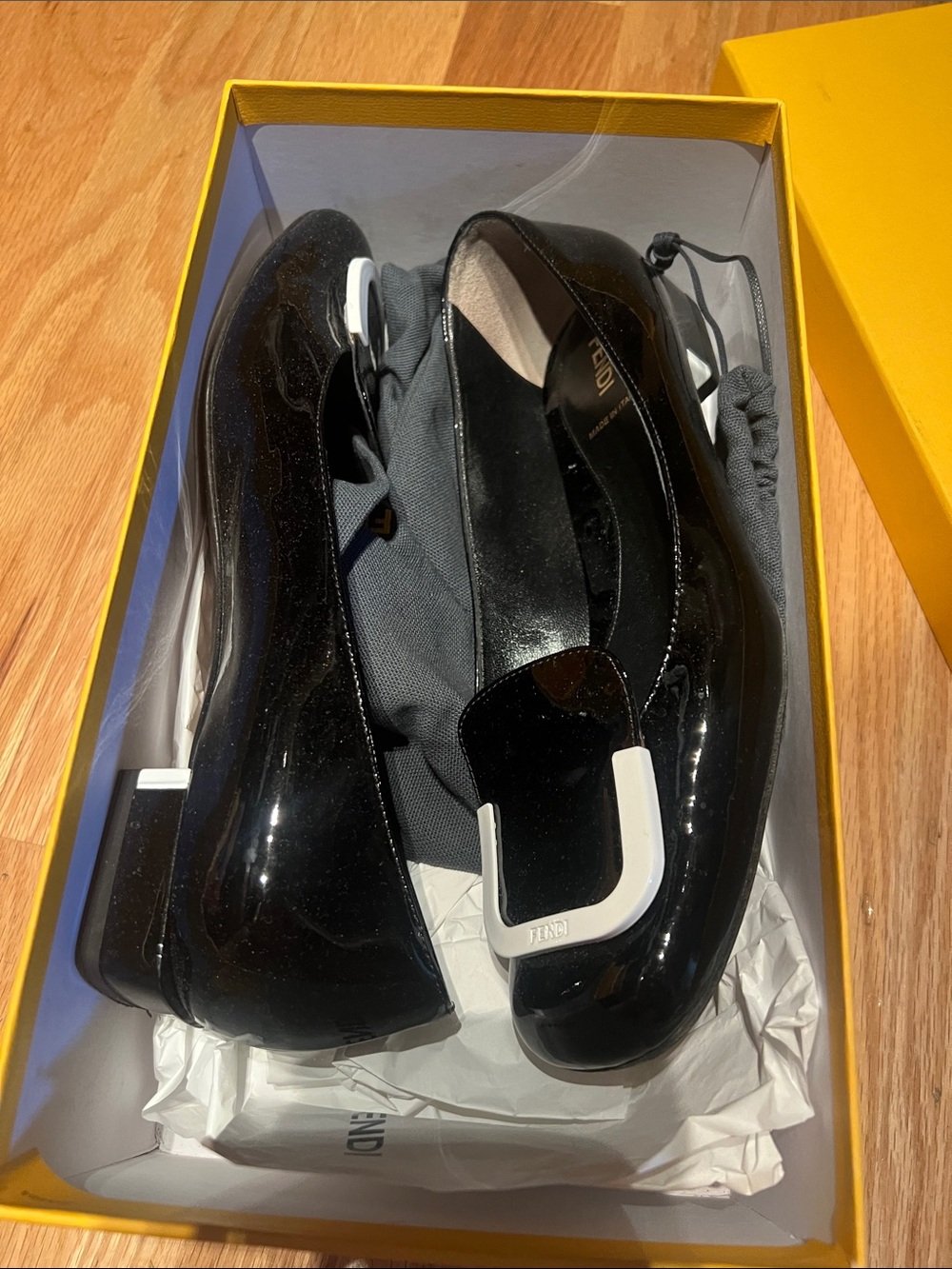 Fendi Black Patent Leather Flats with White Buckle Accent